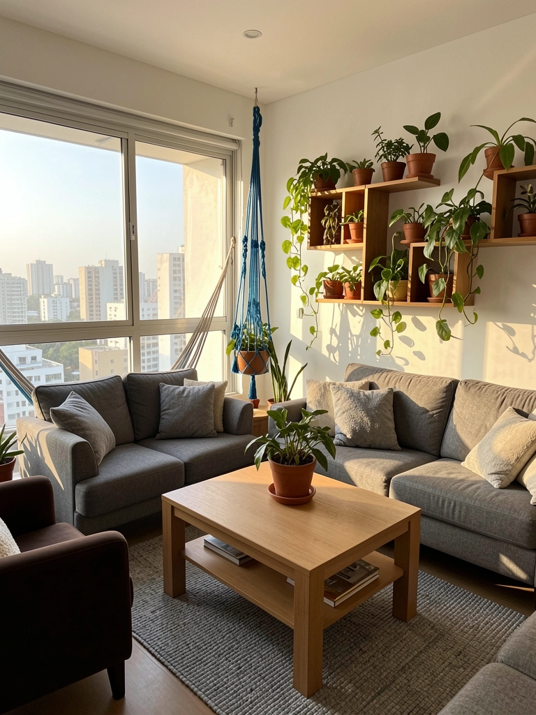 Sofá cinza com almofadas, mesa de madeira clara e tapete texturizado sob luz natural de janela com vista urbana.