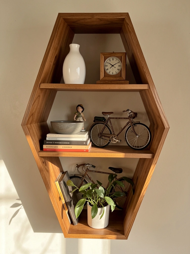 Prateleira hexagonal de madeira com vaso branco, tigela cinza, livros empilhados e relógio de moldura de madeira, luz natural filtrando-se.