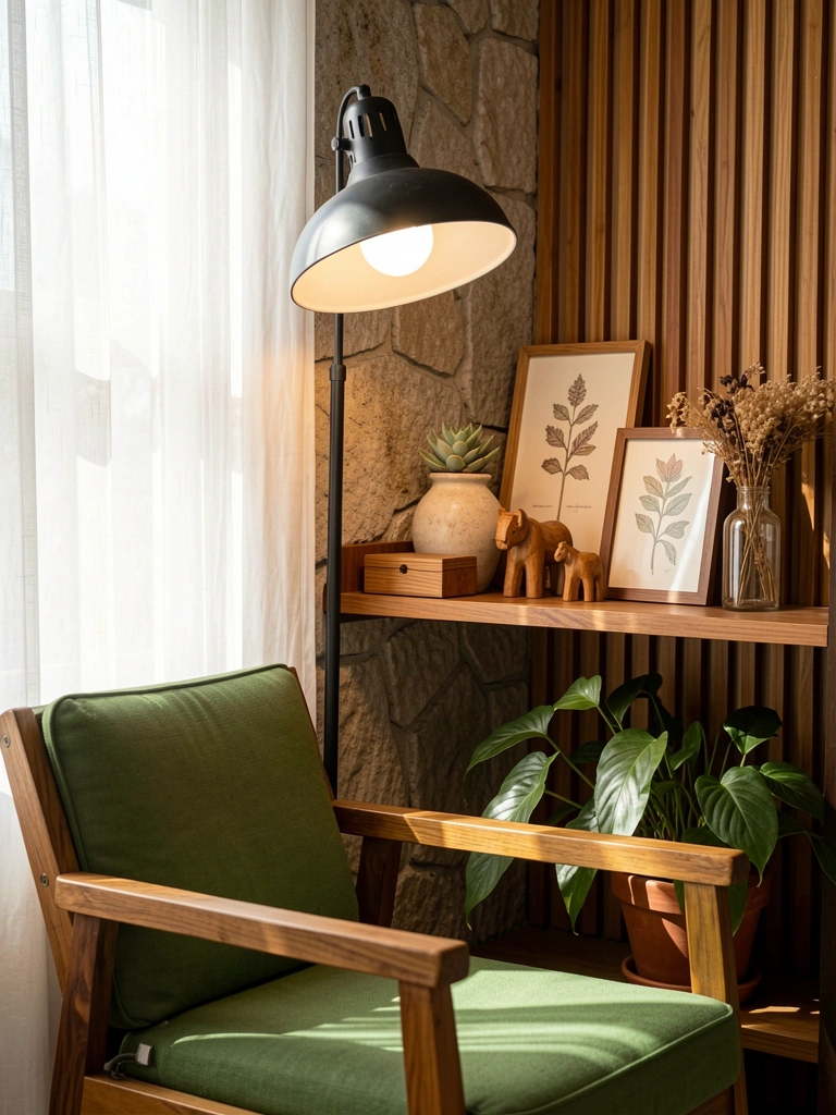 Cadeira de madeira com almofada verde, abajur de metal preto com cúpula branca, vaso com suculenta e moldura botânica em prateleira, luz natural filtrada por cortina branca.