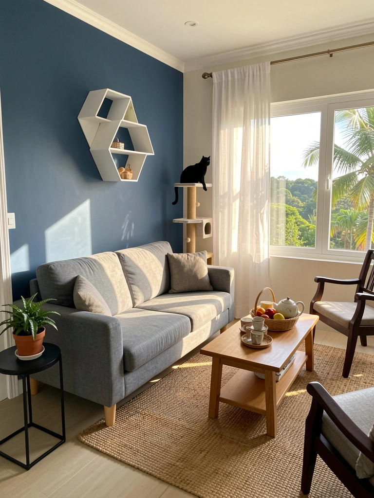 Sofá de linho cinza, parede azul escura com moldura branca, árvore para gatos de madeira com gato preto, mesa de centro de madeira com cesta de frutas e bule, mesa lateral preta com planta, tapete tecido, poltrona de madeira escura, prateleira geométrica branca, cortina branca translúcida com vista verde, luz natural.