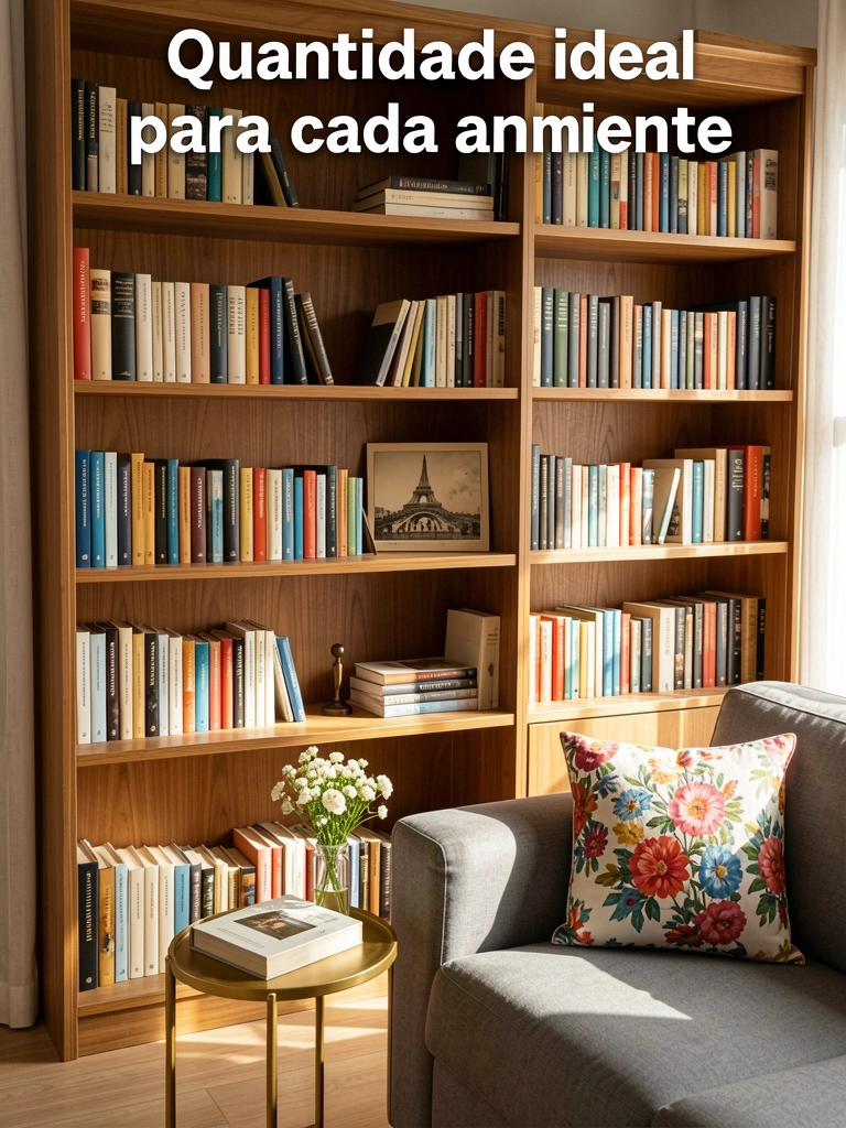 Estante de madeira embutida com livros coloridos e cartão postal de Paris, mesinha dourada com vaso de flores brancas e sofá cinza com almofada floral, luz natural.