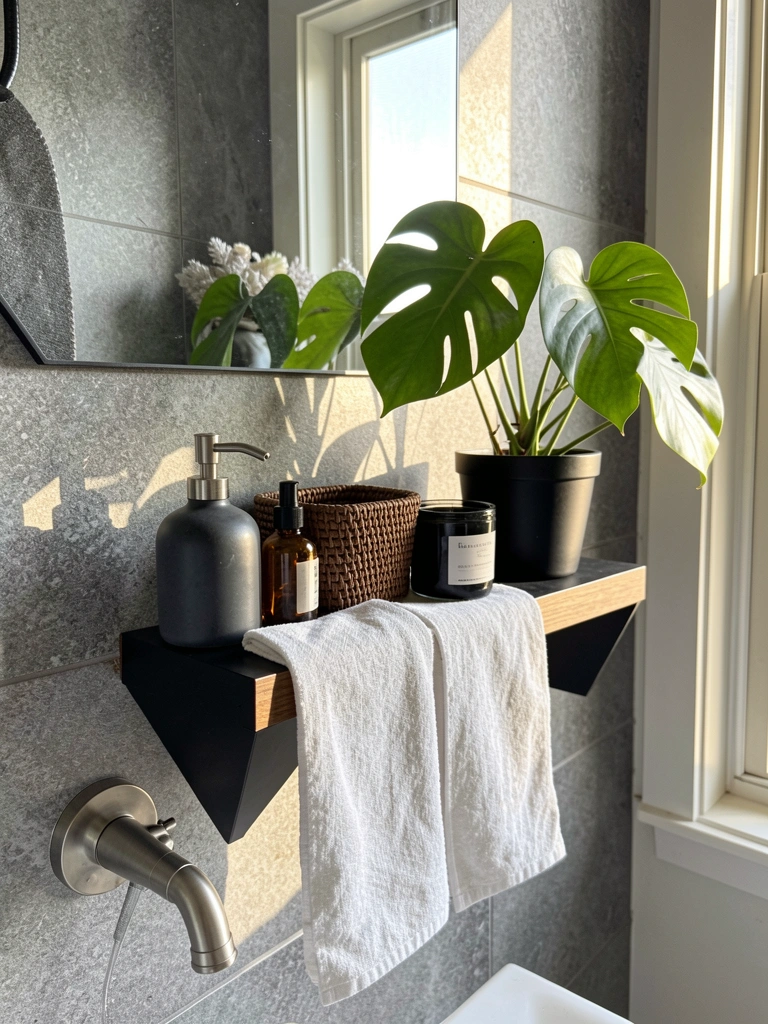 Prateleira geométrica preta com madeira exibe saboneteira cinza, vime trançado, vela preta e Monstera; luz natural incide sobre azulejos texturizados.