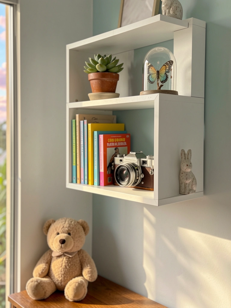 Estante branca com vaso de suculenta, livros coloridos e câmera vintage, luz natural filtrada e parede cinza com painel azul-esverdeado.