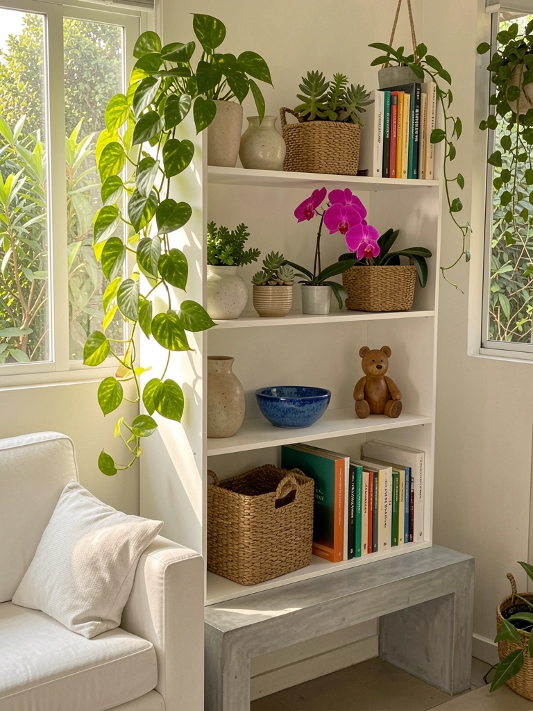 Estante modular branca com pothos, suculentas, orquídea rosa, cestos de palha e urso de madeira; luz natural incide sobre superfície cinza.