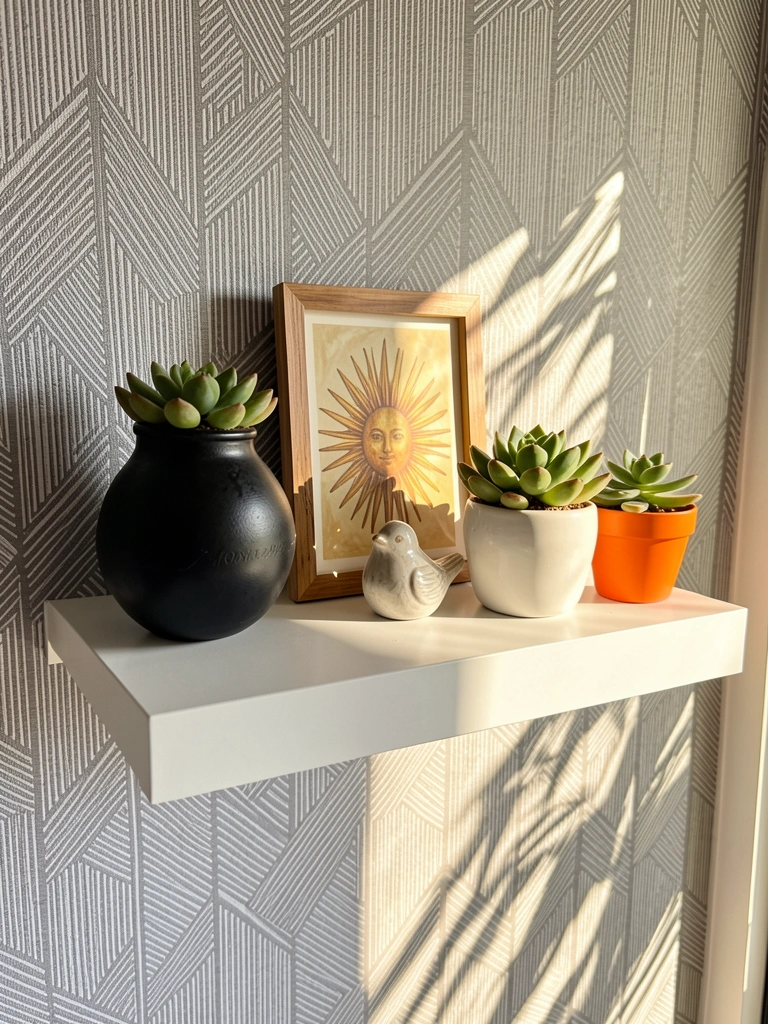 Prateleira flutuante branca com vaso preto, suculentas e moldura de sol, luz natural filtrada.