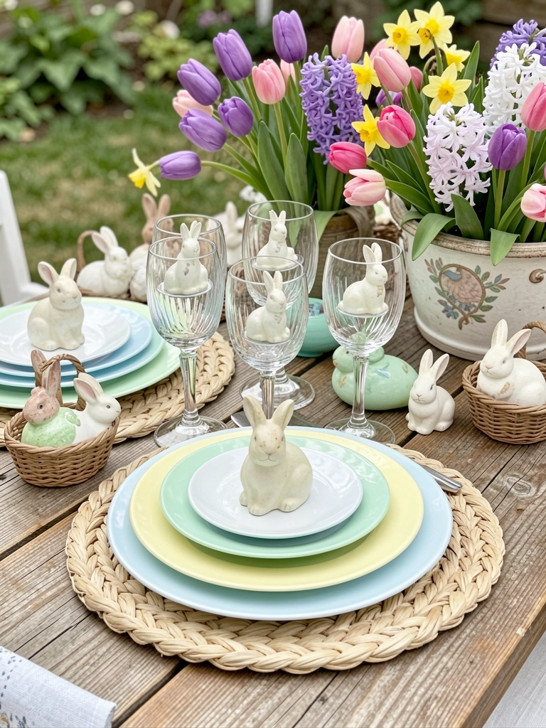 Mesa rústica com pratos pastel em azul, verde e amarelo, copos de cristal com coelhos de cerâmica, tulipas e narcisos em vaso, luz natural.