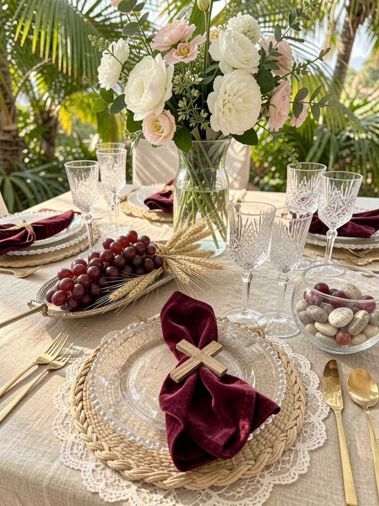 Mesa posta com toalha bege, pratos de vidro com bordas frisadas, talheres dourados e taças de cristal; vaso central com flores brancas e rosadas; uvas bordô em bandeja e guardanapo vinho preso por cruz rústica de madeira; luz natural.