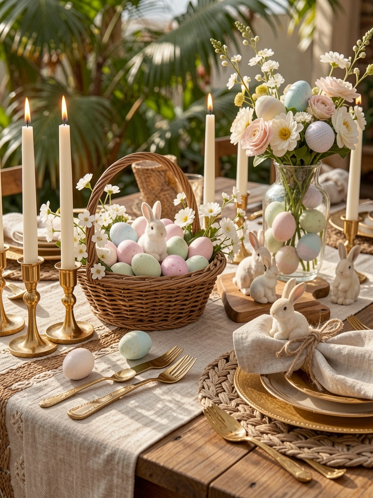 Cesta de vime com ovos de Páscoa pastel, flores brancas e coelhinhos de pelúcia sobre toalha de linho, talheres dourados e velas acesas em suportes dourados na mesa de madeira.