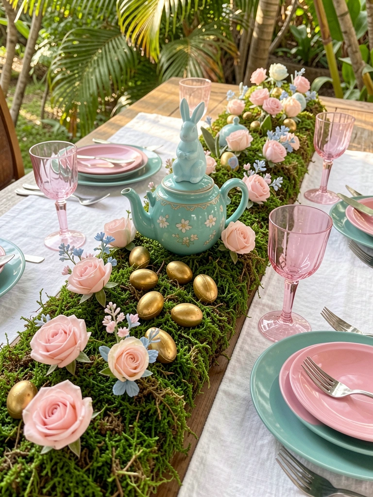Mesa de madeira com centro de mesa de musgo verde, ovos de chocolate dourados, rosas pastel e bule azul-petróleo com coelho, luz natural.