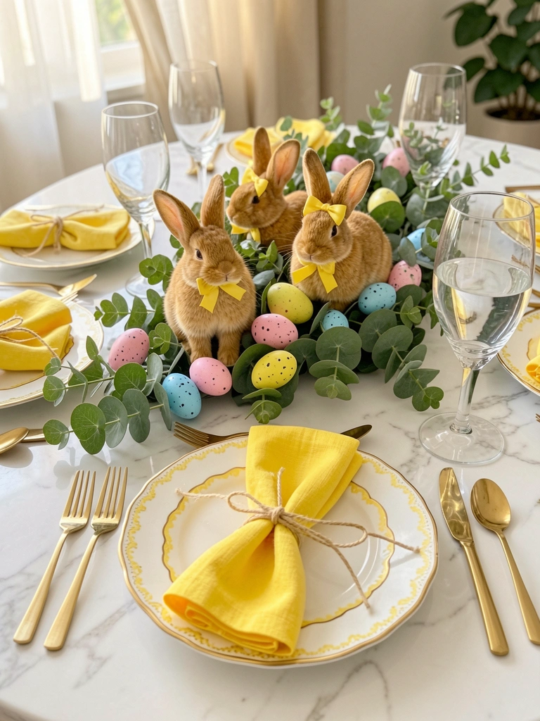 Mesa de mármore branco com pratos de porcelana de bordas douradas e amarelas, guardanapos de linho amarrados com barbante, coelhos marrons com laços amarelos sobre ramos de eucalipto e ovos coloridos, talheres dourados e copos de vinho sob luz natural.