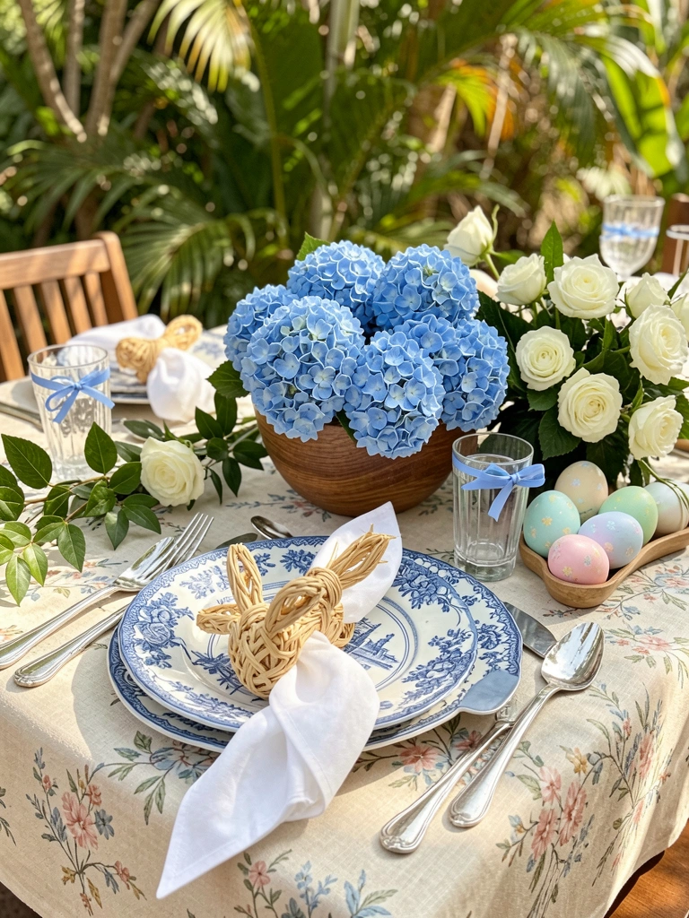 Mesa com toalha de linho floral, prato de porcelana azul e branco, talheres de prata e guardanapo com coelho de palha.