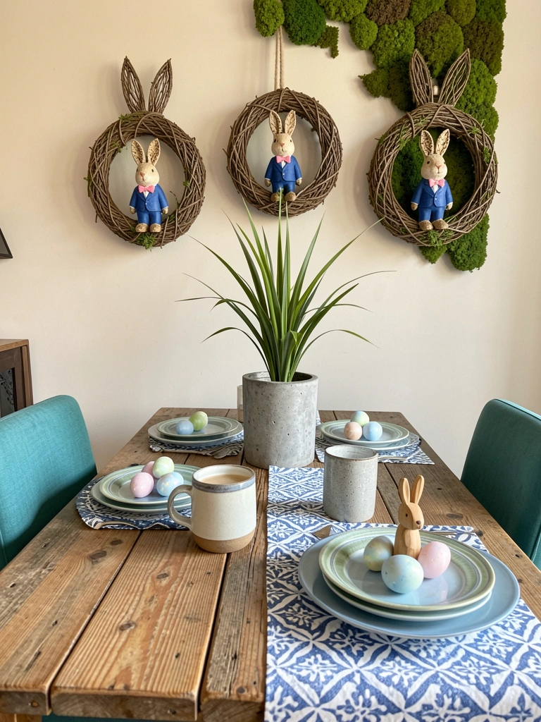 Mesa de madeira rústica com duas cadeiras azul-petróleo, vaso de concreto com planta alta e parede de musgo verde.