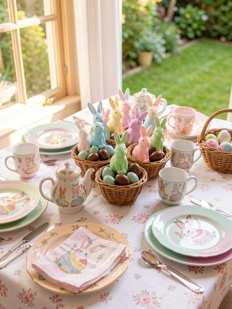 Mesa posta com toalha branca de flores rosadas, pratos e canecas temáticos de coelho, e cesta com ovos de Páscoa, luz natural entrando pela janela.