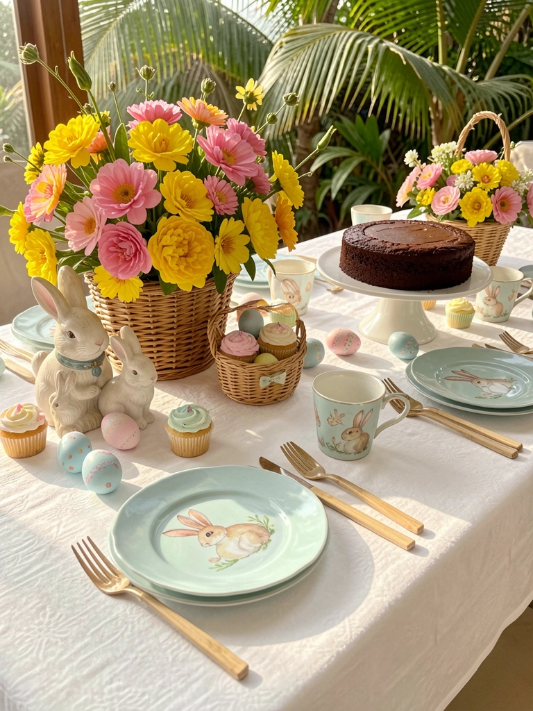 Mesa posta com toalha branca, pratos azuis com coelhos, buquê rosa e amarelo em cesto, bolo de chocolate e luz natural.