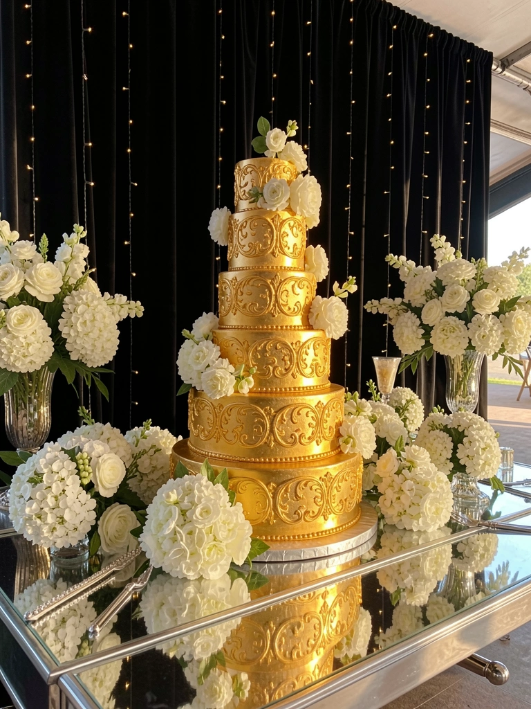 Bolo dourado de três camadas com arabescos, rodeado de flores brancas e espelhos, sob luz natural e cortinas de veludo preto.