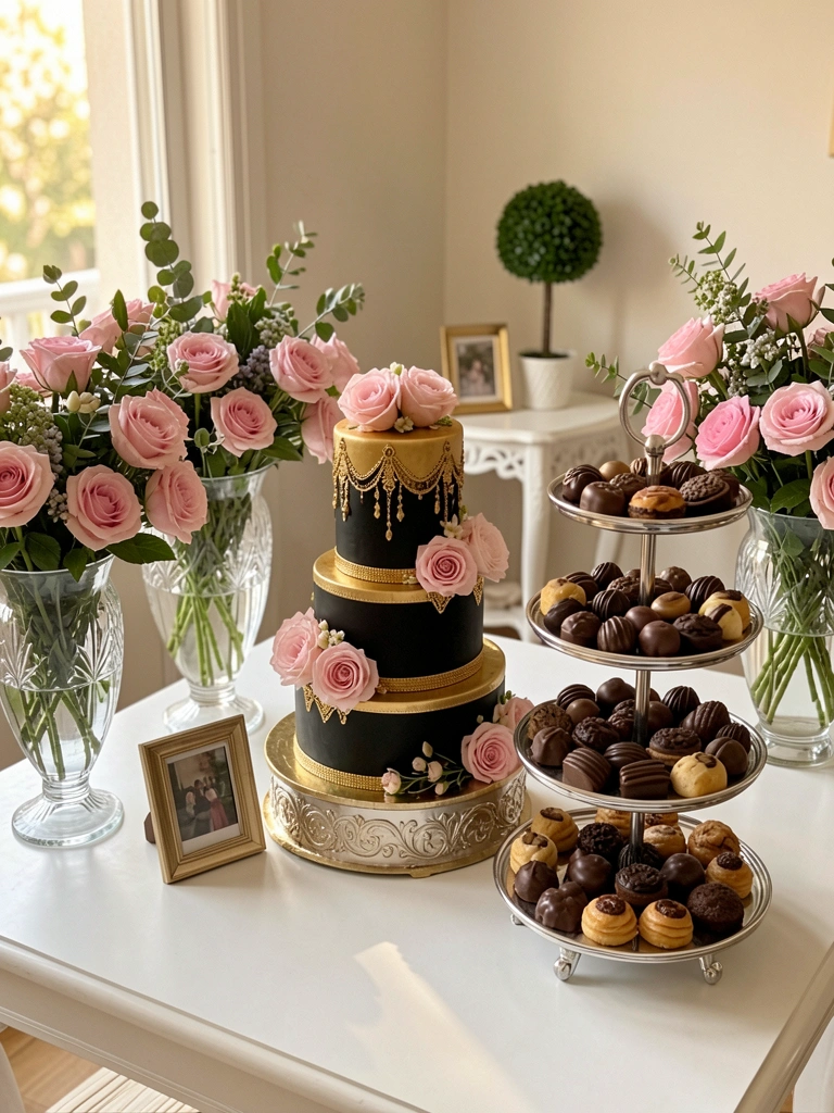Bolo preto e dourado de três camadas com rosas cor-de-rosa sobre mesa branca, suporte de prata com doces, vasos altos de vidro com rosas e folhagens, luz natural suave.