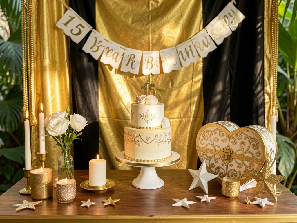 Banner de 15 anos, bolo em camadas e caixa em formato de coração sobre mesa com detalhes dourados, luz natural filtrada.