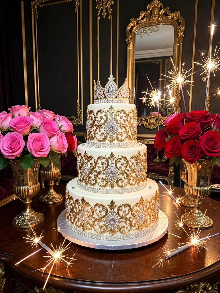 Bolo de casamento de três andares com filigrana dourada e cristais, cercado por rosas cor-de-rosa e vermelhas em vasos dourados, sobre mesa de madeira escura.