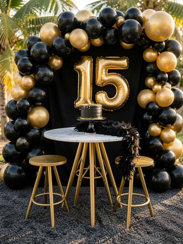 Bolo preto com detalhes dourados sobre suporte preto e dourado, ao lado de número 