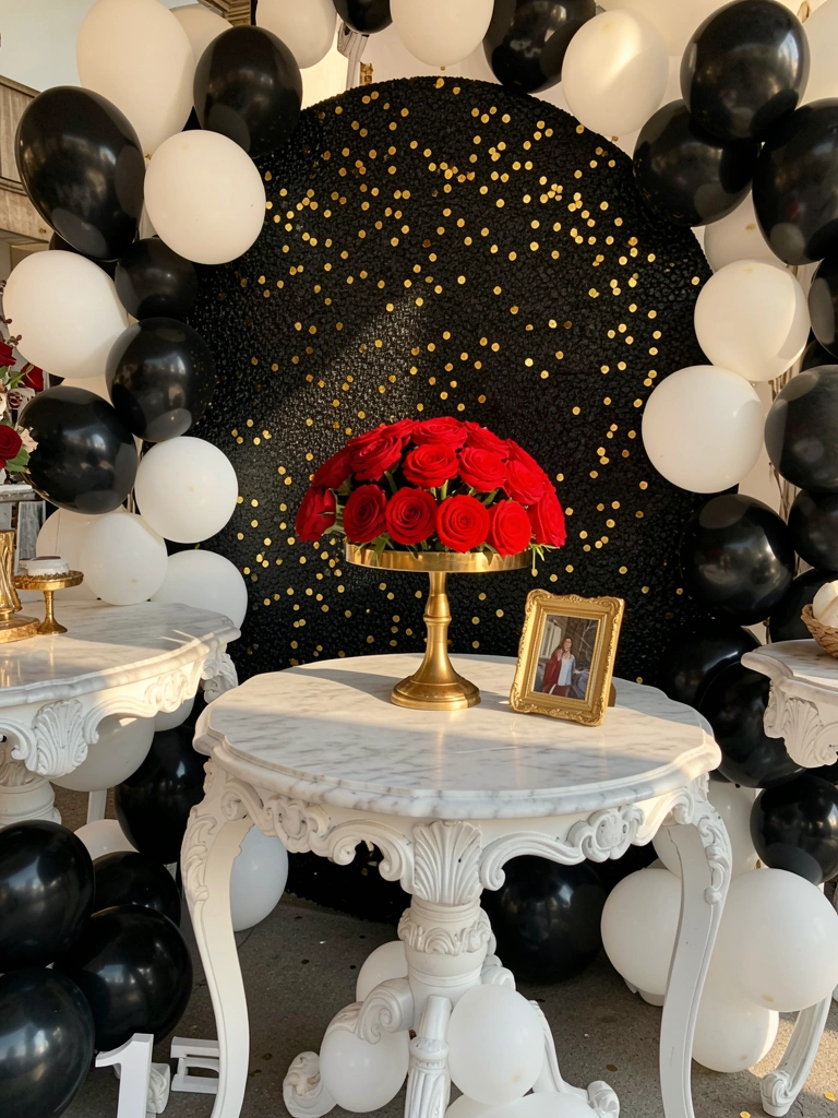 Círculo preto texturizado com confete dourado sobre mesas de mármore branco, balões pretos e brancos e buquê de rosas vermelhas em suporte dourado.