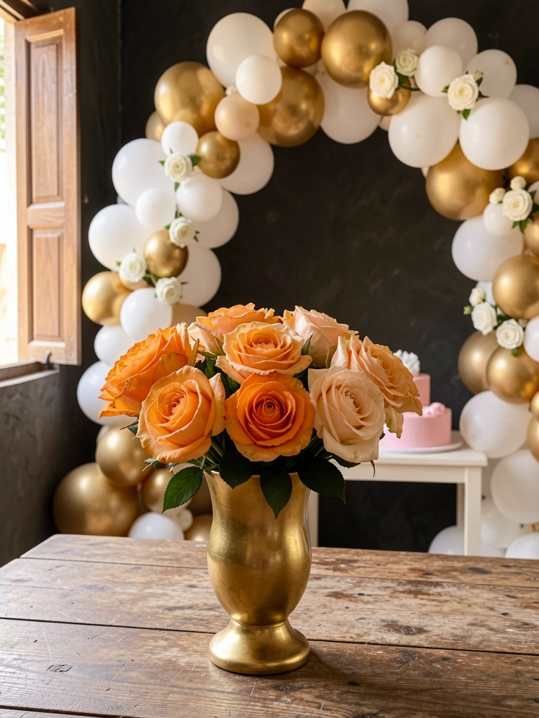 Vaso dourado com rosas laranja e pêssego sobre mesa rústica de madeira, arco de balões dourados e bolo rosa ao fundo, luz natural suave.