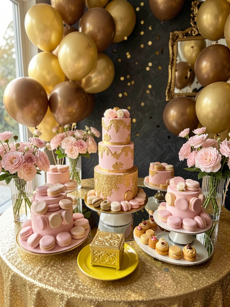 Mesa de doces com bolo de três andares decorado em dourado, macarons, flores cor-de-rosa e balões dourados e marrons, luz natural suave e fundo escuro com confete dourado.