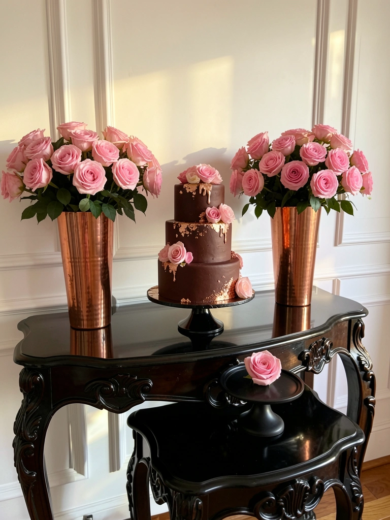 Mesa preta brilhante com bolo decorado e vasos cúpricos com rosas, parede branca com painéis e luz natural.