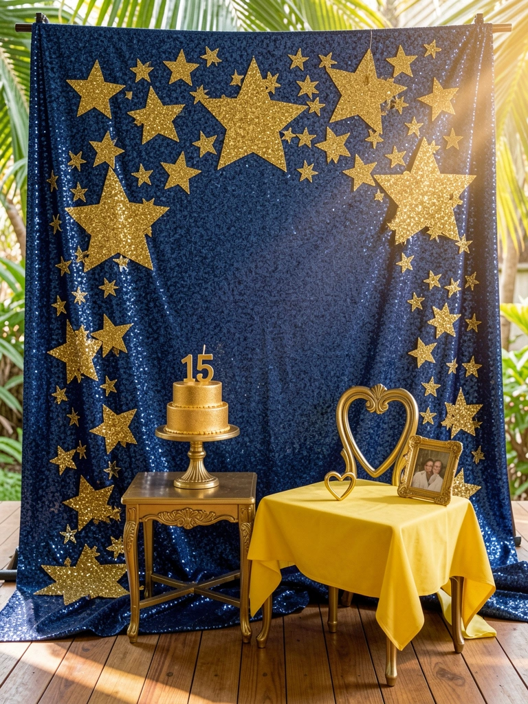 Fundo azul escuro cintilante com estrelas douradas, bolo dourado com vela 