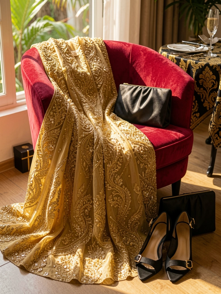 Vestido dourado longo com bordados sobre cadeira de veludo vermelha, clutch preta refletindo luz, sapatos de tiras pretos no chão, luz natural quente.