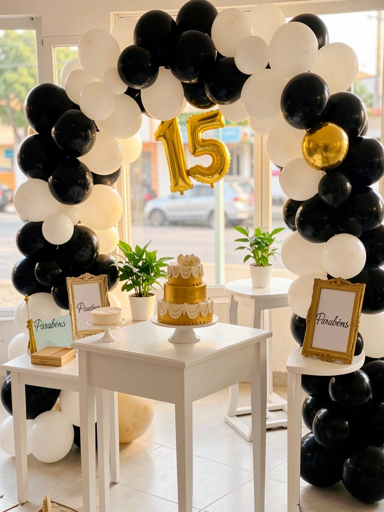 Mesa branca com bolo dourado e branco de três camadas, arco de balões preto e branco com o número 15 em ouro, e placa 