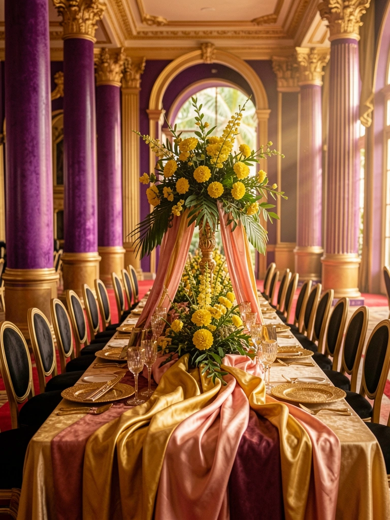 Colunas roxas e douradas altas, tapete vermelho longo, centro de mesa com toalhas douradas e arranjo floral amarelo em sala de baile iluminada por luz quente.