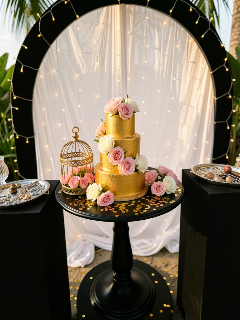 Mesa preta com bolo dourado de três camadas decorado com rosas rosas e brancas, confete dourado e gaiola com flores ao redor.