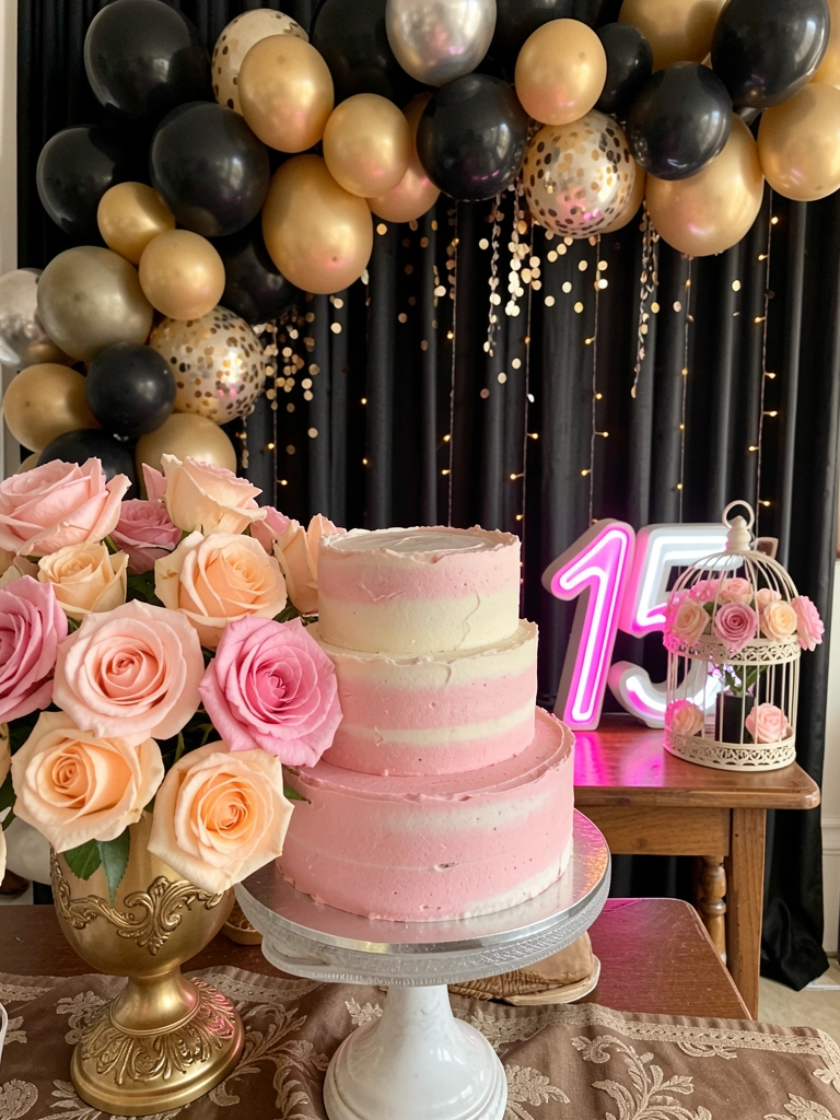 Bolo rosa e branco com camadas e glacê, rosas em vaso dourado, balões pretos e dourados e letreiro neon 
