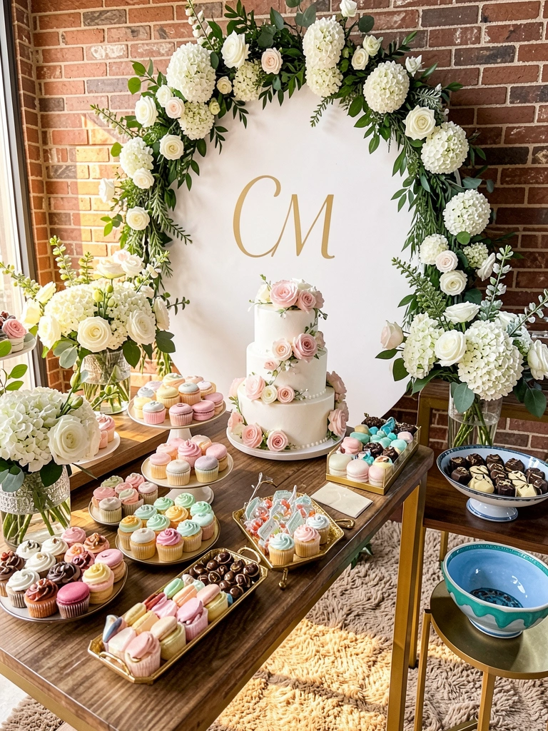 Bolo branco de dois andares com rosas cor-de-rosa e brancas, rodeado de cupcakes e macarons pastéis, sobre mesa de madeira com detalhes dourados, iluminado por luz natural.