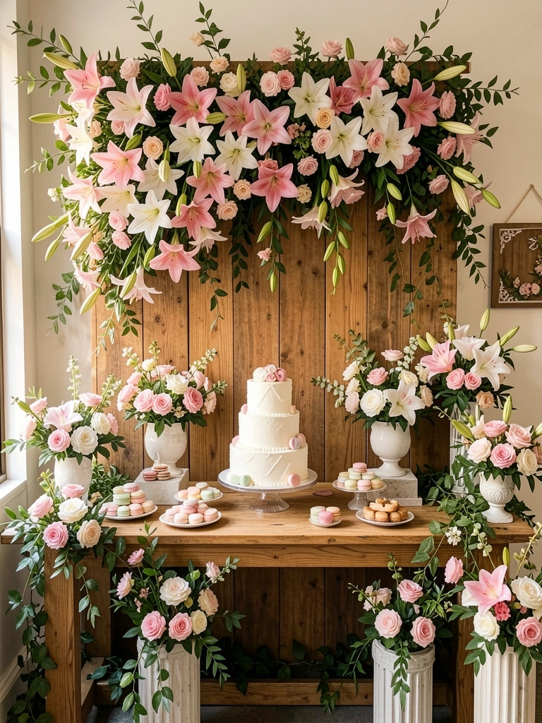 Fundo de madeira rústica com cascata de flores rosas e brancas, bolo de casamento branco de três andares sobre mesa de madeira, macarons coloridos e arranjos florais em pedestais, luz natural suave.