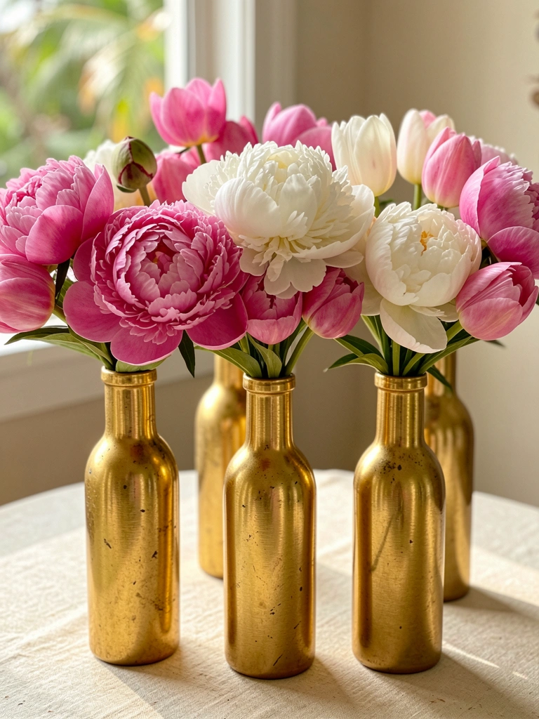 Garrafas douradas vintage com peônias e tulipas rosas e brancas sobre mesa texturizada clara, luz natural difusa e fundo desfocado.