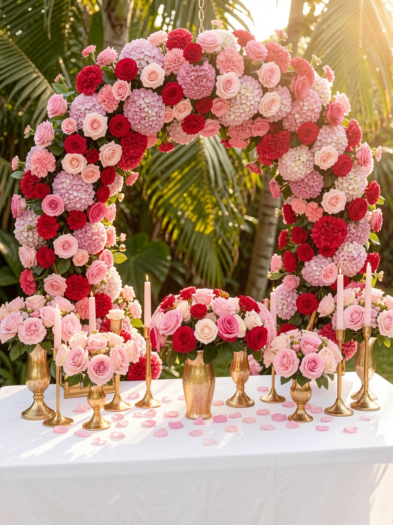 Arranjo floral exuberante de rosas e hortênsias em arco dourado sobre mesa branca com pétalas espalhadas, luz natural suave.