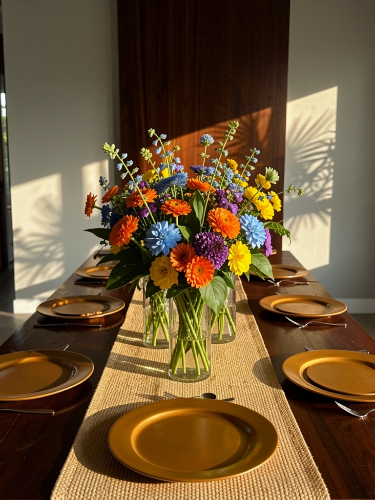 Mesa de madeira escura com arranjo floral em vasos de vidro, cores laranja, azul, amarelo e roxo, sob luz difusa e parede de painel de madeira.