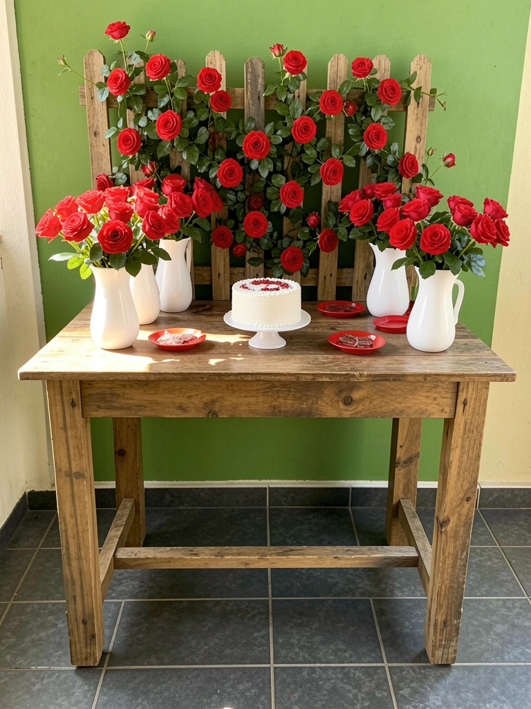 Mesa rústica de madeira com bolo branco, vasos de rosas vermelhas e cerca decorativa, sob luz natural.