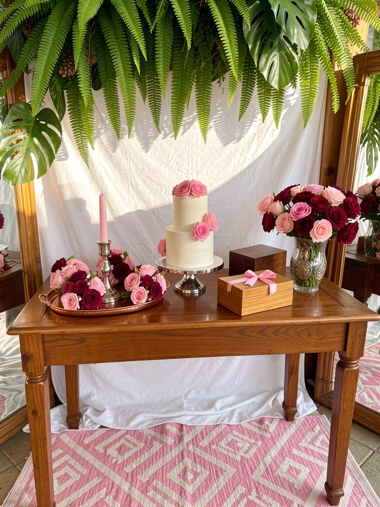 Bolo branco de três andares decorado com rosas cor-de-rosa sobre suporte prateado, cercado por arranjos de rosas vibrantes em tons de rosa e vinho, sobre mesa de madeira clara sob luz natural.