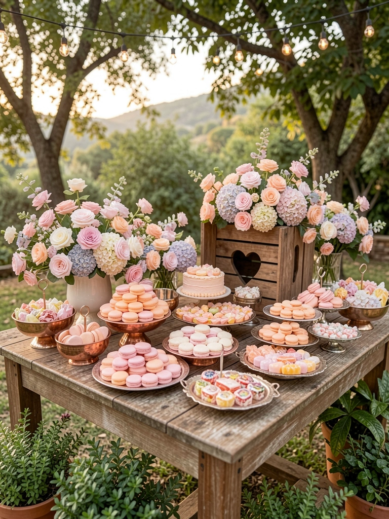 Mesa rústica de madeira com macarons em tons pastel, arranjos de rosas e hortênsias, tigelas de cobre e luz natural filtrada por árvores.
