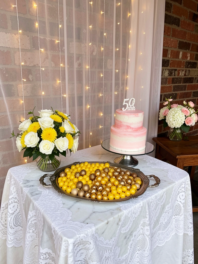 Mesa de mármore branco com toalha de renda, bandeja de prata com doces amarelos e dourados, bolo de dois andares em suporte espelhado e luzes de fadas ao fundo.