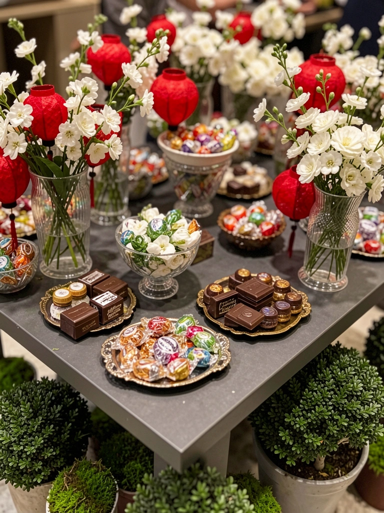 Lanternas vermelhas e flores brancas em vasos de vidro sobre mesa cinza escura, com bandejas e chocolates espalhados, musgo verde na base.