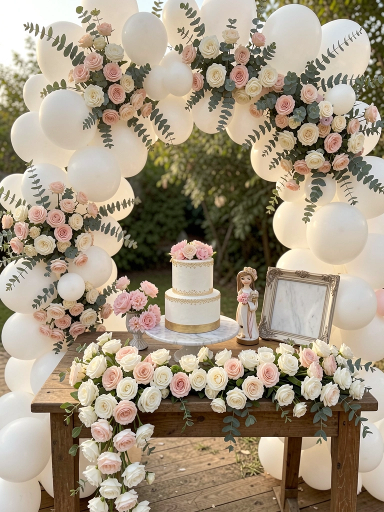 Arco de balões brancos com rosas blush e eucalipto sobre mesa de mármore com bolo de andares e detalhes dourados, luz natural.