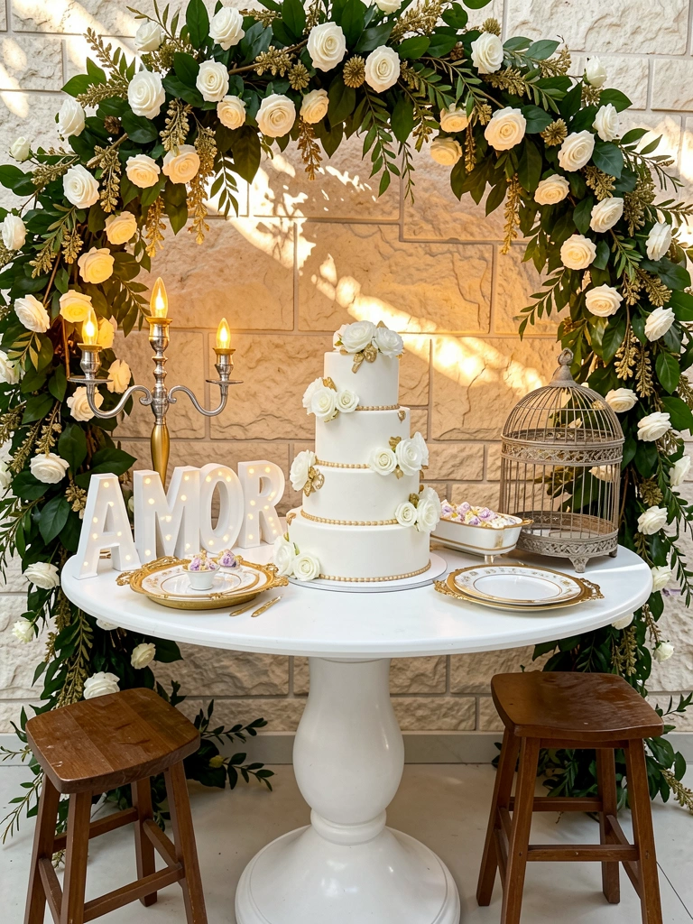 Bolo de casamento branco com rosas e detalhes dourados sob arco floral verde e dourado, candelabro prateado e letreiro 