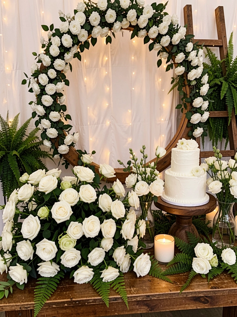 Mesa rústica de madeira com arranjo de rosas brancas e folhagens, bolo branco em suporte de madeira, arco circular com guirlanda e luzes de fada ao fundo.