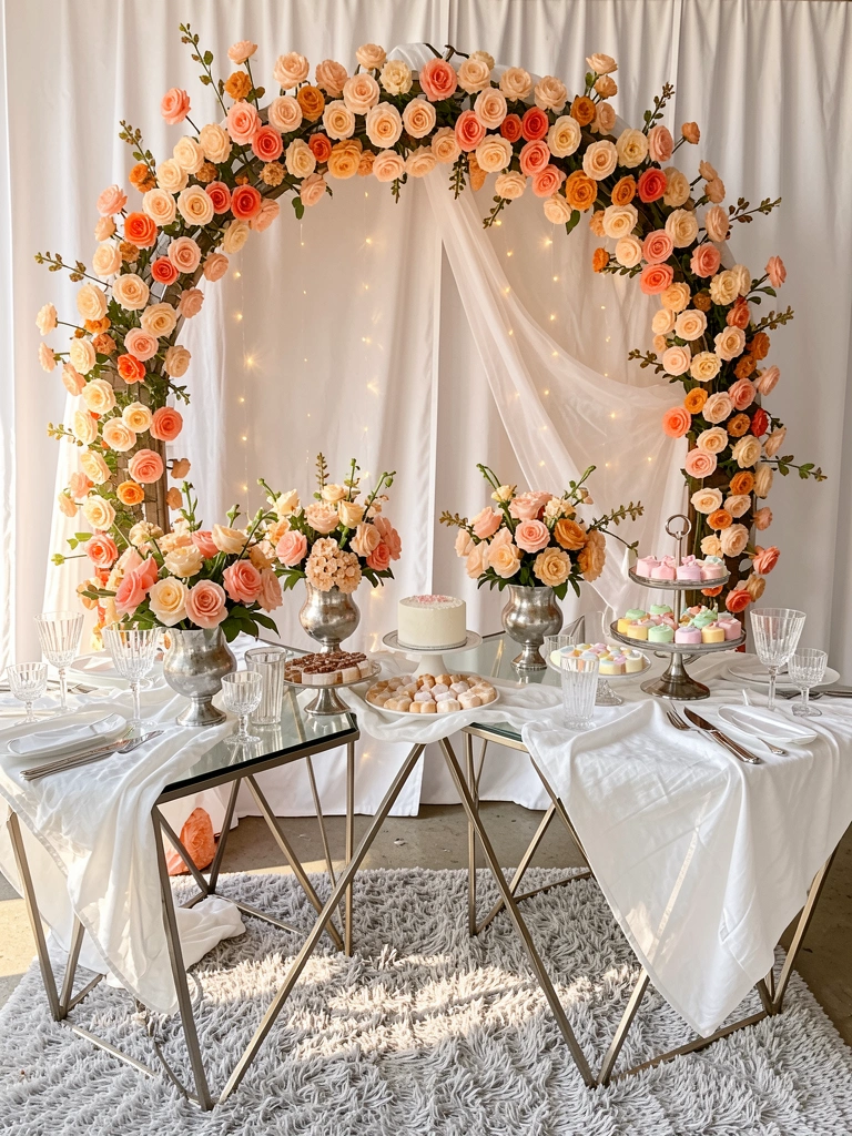 Arco decorado com flores em tons de pêssego e laranja, véu branco e luzes de fada, mesa de vidro com vasos de prata e doces.
