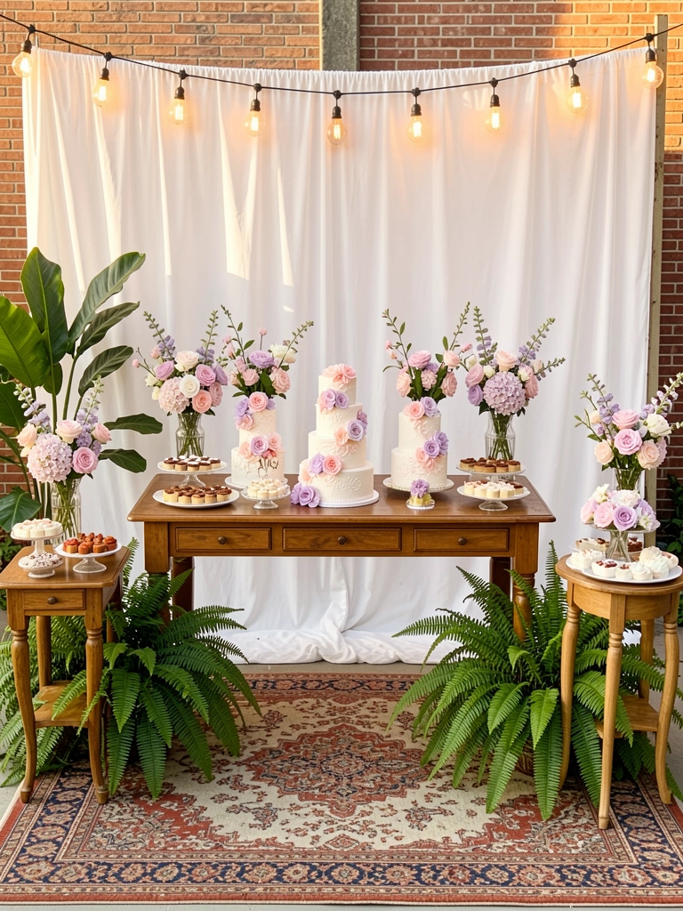 Mesa de madeira com bolos de três andares decorados com flores rosa e roxas, arranjos florais em vasos de vidro vintage, samambaias verdes, luz de cordões pendentes e cortina branca ao fundo.