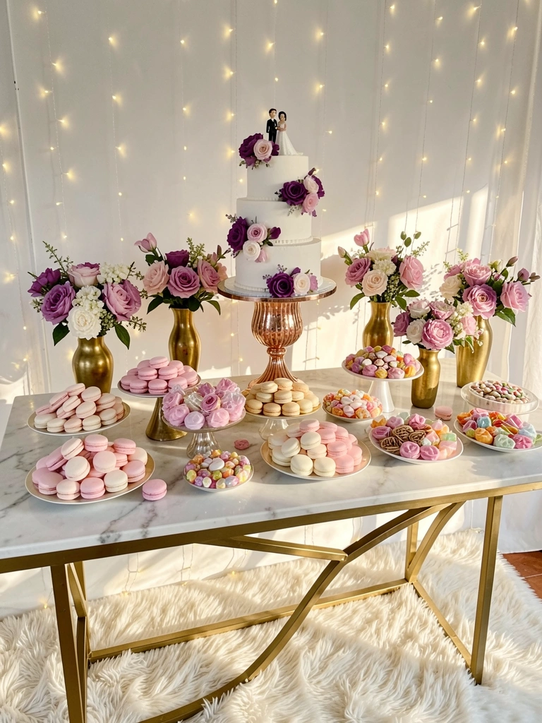 Mesa de mármore com bolo de casamento decorado com flores roxas e rosas, macarons pastel e luzes de fada quentes ao fundo.