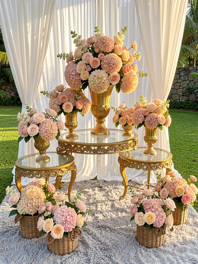 Arranjo floral central com rosas e hortênsias em vasos dourados sobre suporte de vidro e dourado, tapete cinza claro e cortina branca iluminada por luz natural.
